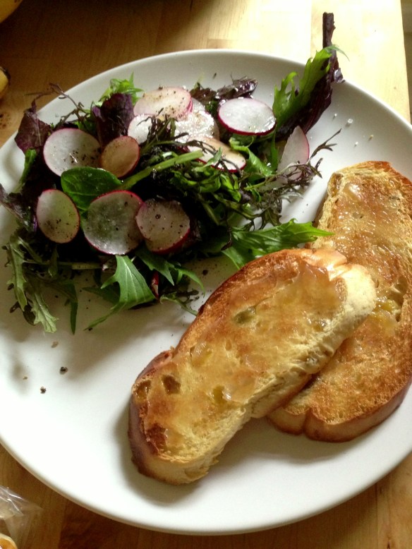 Obviously not too much effort went into this meal, but it was delicious all the same! Mixed green salad with radishes and scallions, with raisin challah toast!