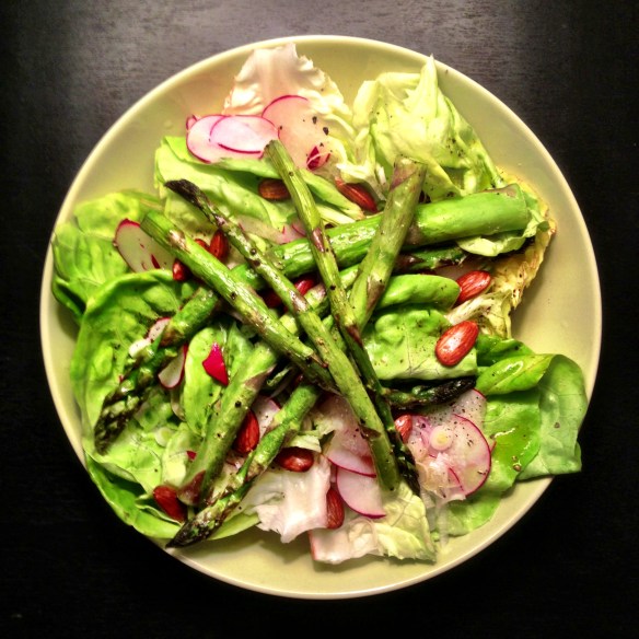 Finally, a luscious bibb lettuce salad with radishes, scallions, and roasted almonds, roasted asparagus, and topped with lemon juice, olive oil and a liberal dash of salt and pepper!